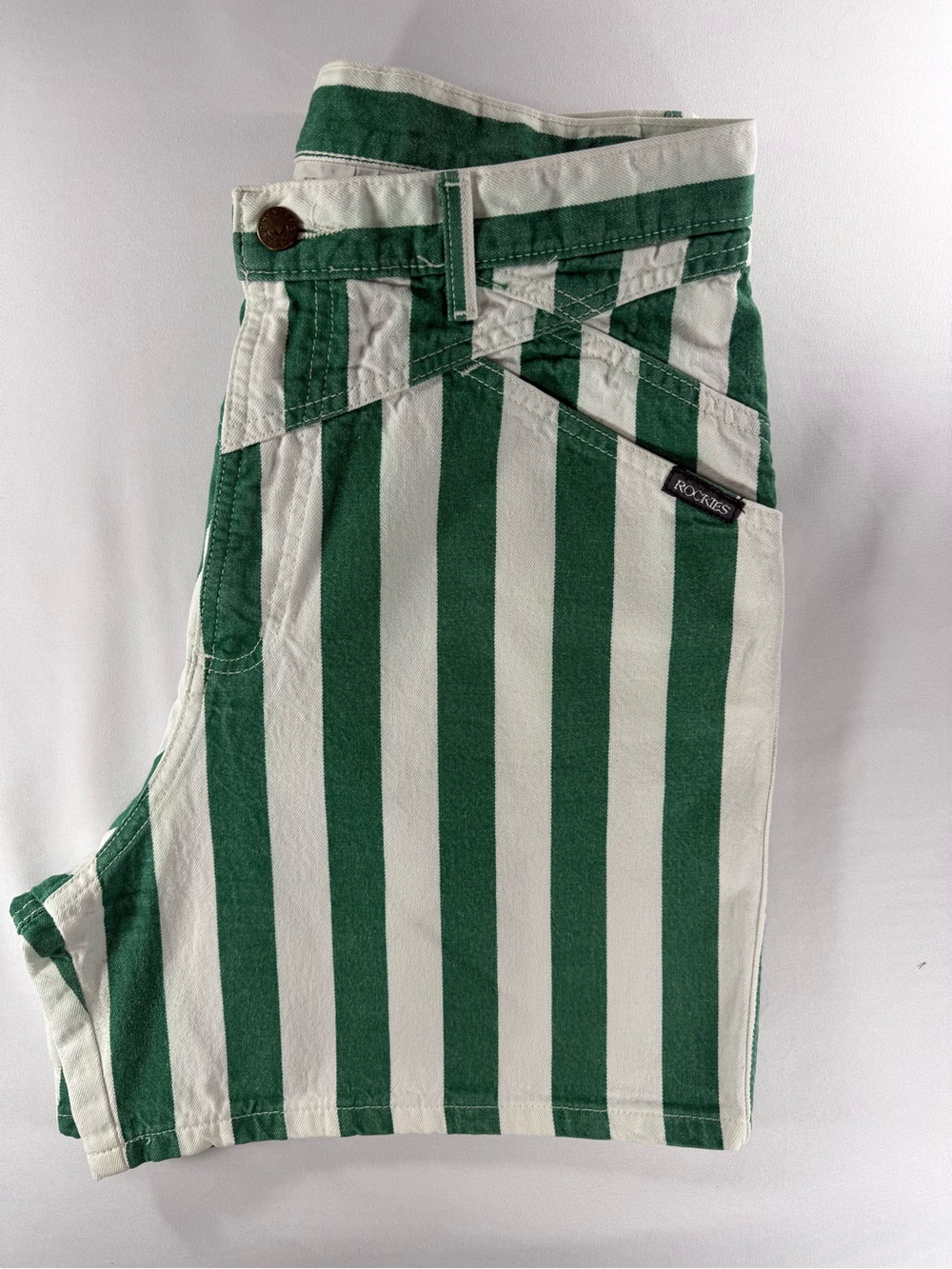 Vintage Rockies High Rise Green & White Striped Shorts | Western Cotton | USA - Picture 13 of 13